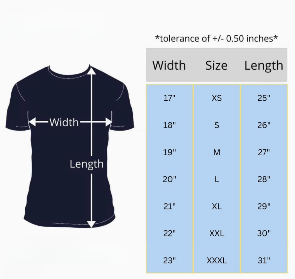 T-shirt size guide showing width and length measurements per size, with a tolerance of plus or minus 0.50 inches